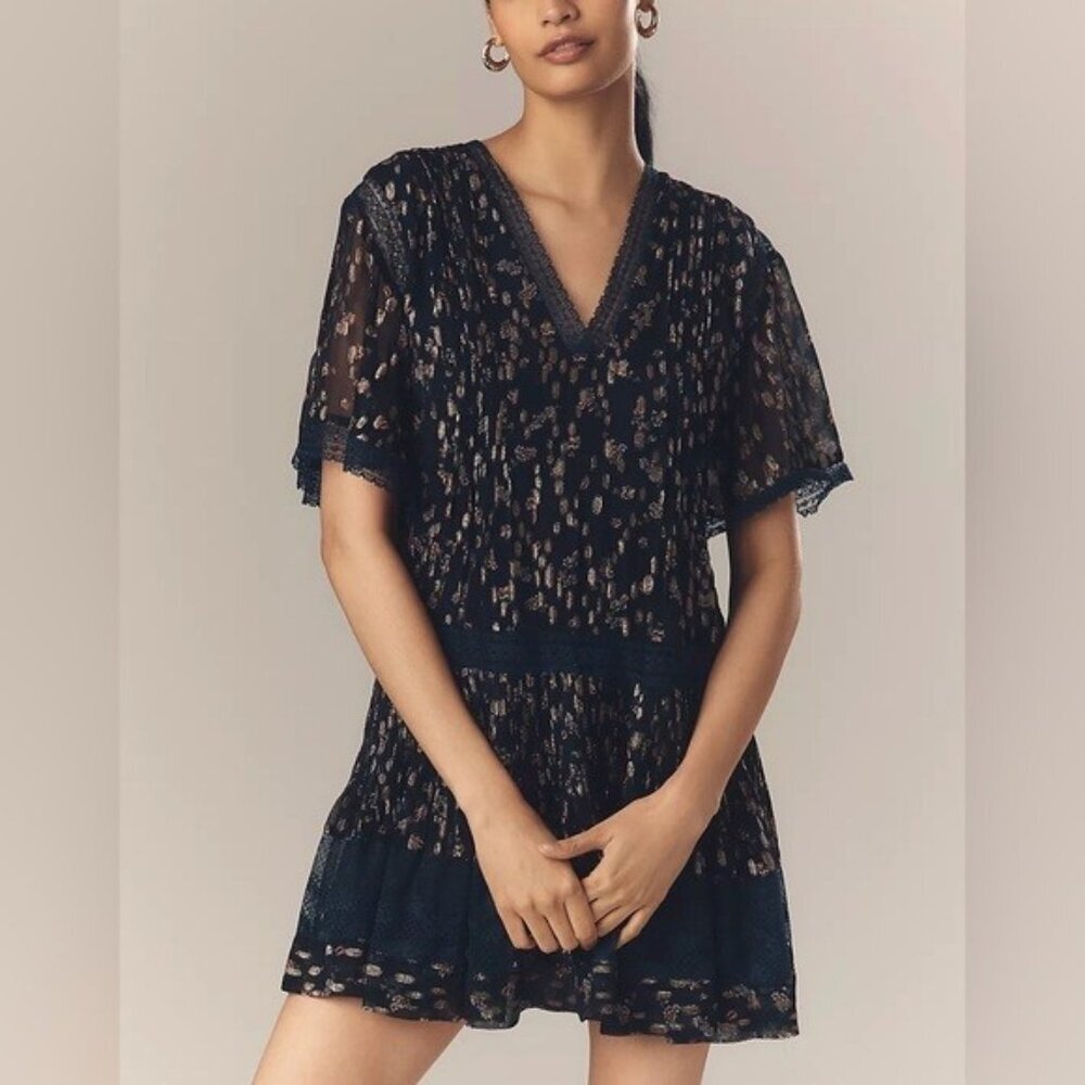 NWT Size XS - Anthropologie Lurex Tiered Swing Mini Dress Navy (NWT US$ 188)